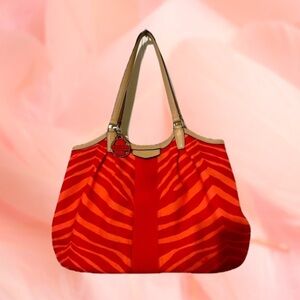 COACH Large Orange Signature Exotic Stripe Leather Shoulder Strap Tote Bag